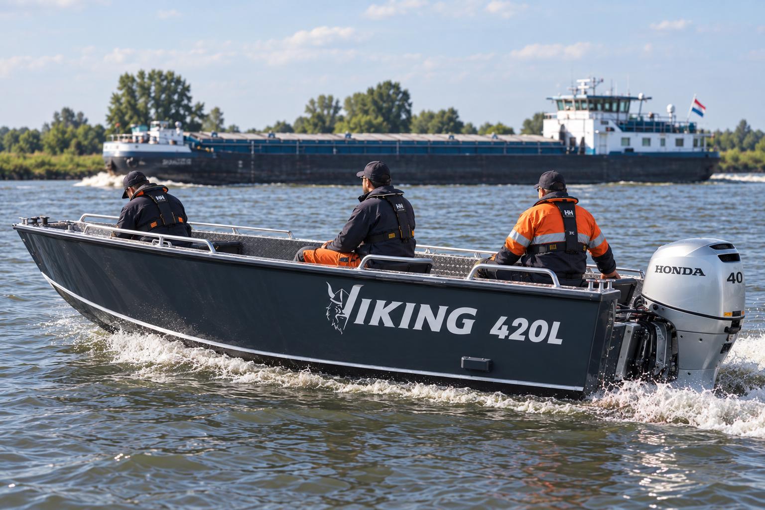 Viking 420 L aluminium bijboot varend met drie opvarenden